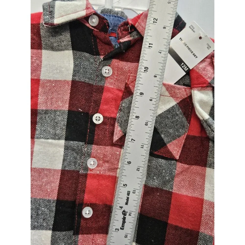 DKNY Size 12M Set Of 3, Red Vest/ Black Pants/ Red Plaid Button Up Long‎ Sleeve
